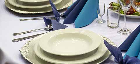 Blue and white table setting.