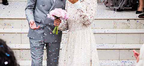 Bride and groom after wedding ceremony.